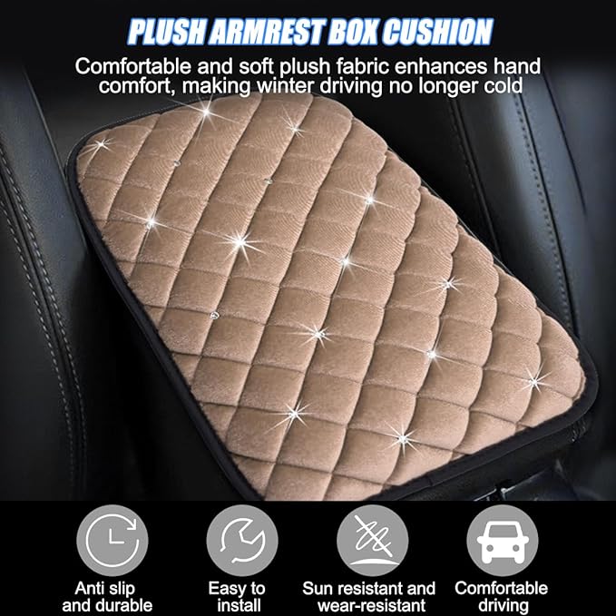 Mandark Bling Car Center Console Cover, Crystal Rhinestone Fluffy Automotive Armrest Seat Box Cushion Pad, Soft Comfortable Diamond Arm Rest Protection Mat, Universal Vehicle Accessories (Beige)