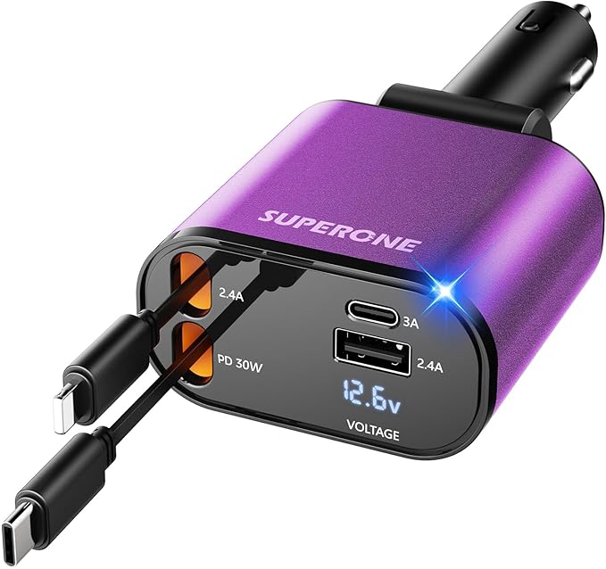 SUPERONE 【Upgraded】 Retractable Car Charger 4 in 1, Fast Car Phone Charger with Cord 2.6ft, USB C and Apple Car Charger Adapter, Compatible with iPhone 17/16/15/15 Pro Max/14/13/12/11, Galaxy, Pixel