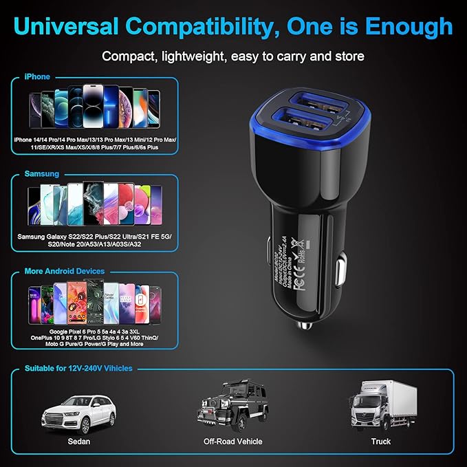 Car Charger, 2.4A 12W AndHot 2 Pack Mini Dual Port USB Car Charger Adapter Plug for iPhone 15 14 13 12 SE 11 Pro Max XR XS X 8 7 6S Plus, iPad, Samsung Galaxy S23 S22 S21 S20 S10 Note 20, LG, Android