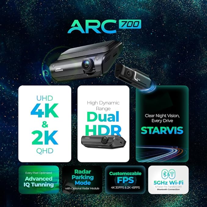THINKWARE ARC 700 4K Dash Cam Front and Rear, No Memory Card, 4K+2K Dual Camera, Sony STARVIS Sensor, HDR, Super Night Vision 3.0, 5GHz Wi-Fi, GPS, Parking Mode, Speed and Red Light Alerts
