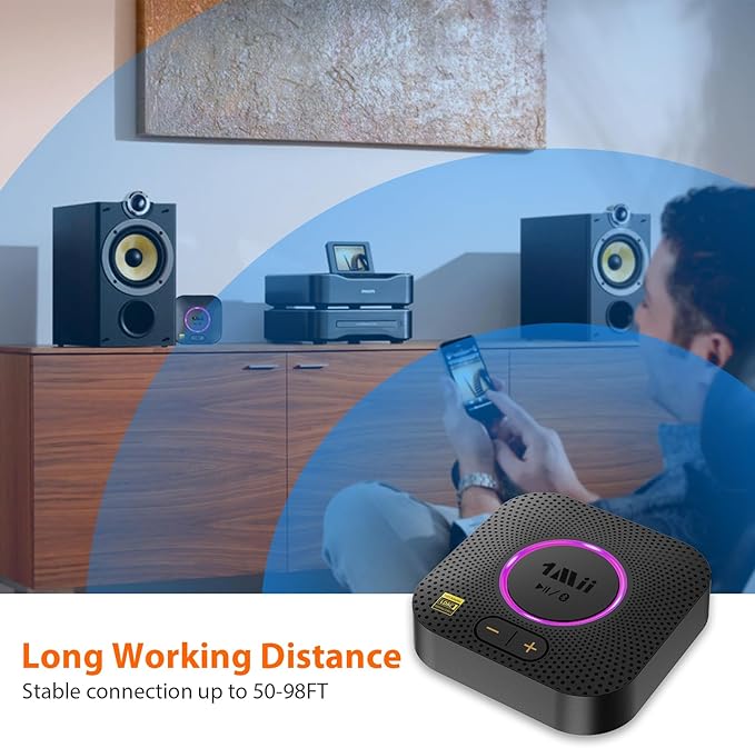1Mii B06S+ LDAC Bluetooth 5.3 Receiver for Home Stereo Hi-Res Music Streaming, Hi-Fi Wireless Audio Adapter with aptX HD/LL, Long Range, Volume Control, RCA/3.5mm AUX Outputs