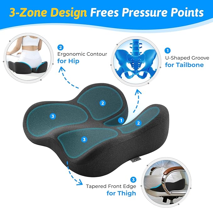 Seat Cushion for Tailbone & Sciatica Pain Relief - Plush Yet Supportive Ergonomic Memory Foam Chair Cushions for Office Chair, Car, Wheelchair,Airplane & Long Sitting (Gray)