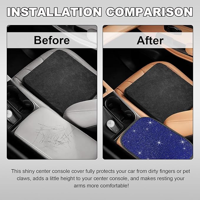 Bling Car Armrest Cover, 11.8"×8.5" Crystal Rhinestone Auto Center Console Protective Cover, Bling Charming Arm Rest Cushion Pad for Most Cars SUVs Trucks, Car Accessories (Black&Blue)