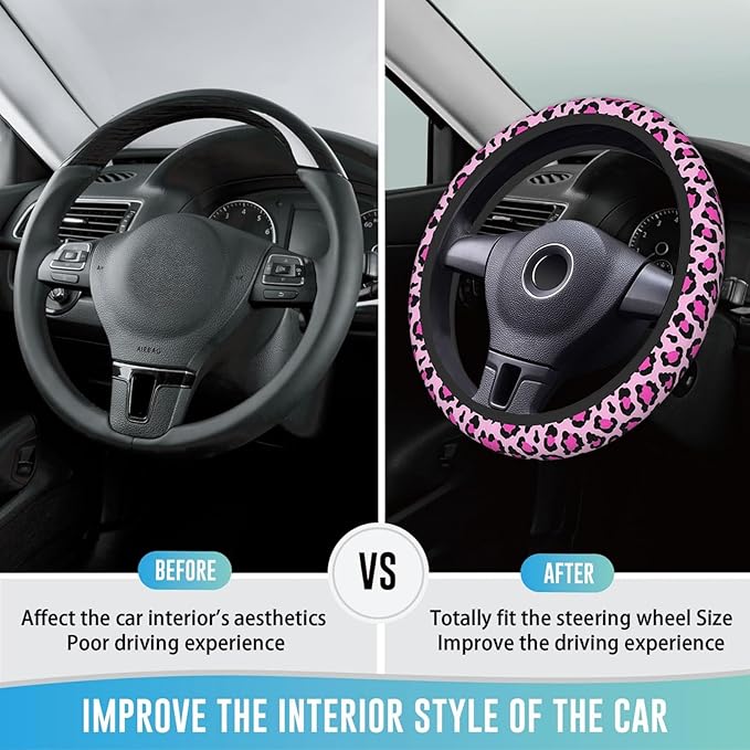 Elastic Steering Wheel Cover Car Accessories Cute Universal 15 Inch Absorbing Sweat Non-Slip Breathable for Woman - Pink Leopard Printed