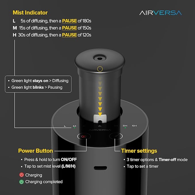 Airversa Waterless Essential Oil Diffuser Starter Kit with 30mL Hotel Fragrance Oil Inspired by Blagio, Battery Operated Car Diffuser, Portable Aroma Nebulizer for Home Car Office, AN6Kit-D, Black