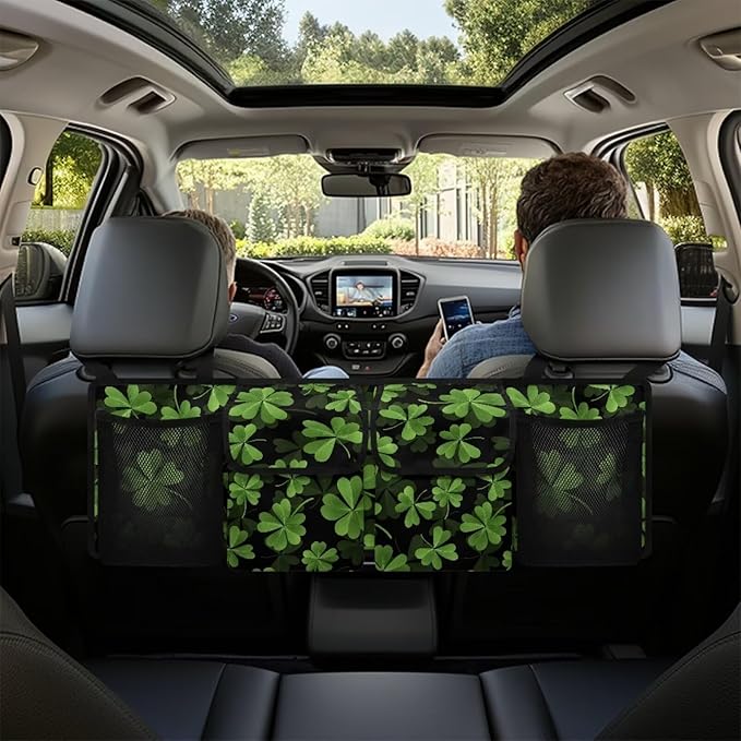 Green Leaves Car Backseat Trunk Organizer St. Patrick Day Large Capacity Hanging Car Storage Bag for SUV,Truck,Van Collapsible Cargo Bag