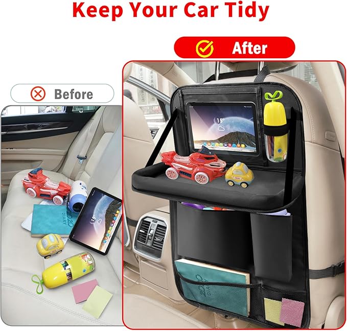 Car Backseat Organizer with Tablet Holder, 6 Storage Pockets Seat Back Protector with Foldable Tray, Kick Mats Back Seat Cover for Kids Toddlers, Travel Accessories, 1 Pc