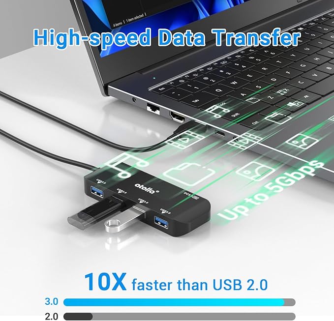 USB 3.0 Hub 4-Port with 2ft Cable — High-Speed 5Gbps Data Expander for Laptop & PC, Ultra-Slim Portable USB Splitter Compatible with Windows/macOS/Linux