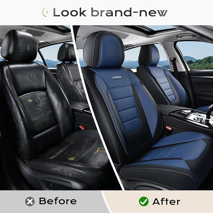 Coverado Car Seat Covers Front, Seat Covers for Cars, Waterproof 2-Pack Car Seat Cushions, Leather Carseat Seat Protectors, Universal Seat Covers Fit for Most Sedans SUV Pick-up Trucks(Black&Blue)