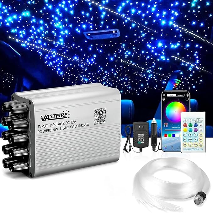 VASTFIRE Starlight Headliner Kit - 500pcs 0.03in 9.8ft Fiber Optic Star Lights for Car with 16W RGBW, Twinkle/Meteor Music Sync, APP/Remote Control for Car Roof/Bedroom Ceiling