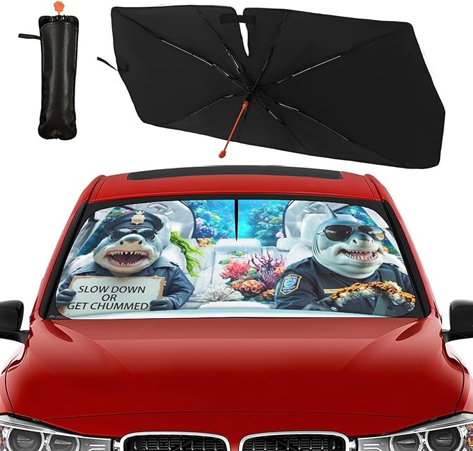 Socira Funny Sharks Car Windshield Sunshade Umbrella Foldable Umbrella Sun Shade Windshield Cover Sunshade Car Accessories Blocks Uv Rays Keeps Cool (57" X 30")