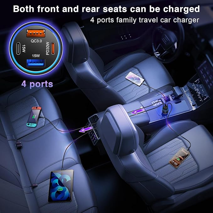 USB C Car Charger, 3 Pack 65W 4-Port Dual USBC & USB-A Car Charger Adapter Fast Charging Cigarette Lighter USB Charger Plug Cargador Carro Phone Accessories for iPhone 17 16 15 Pro Max, Galaxy S25
