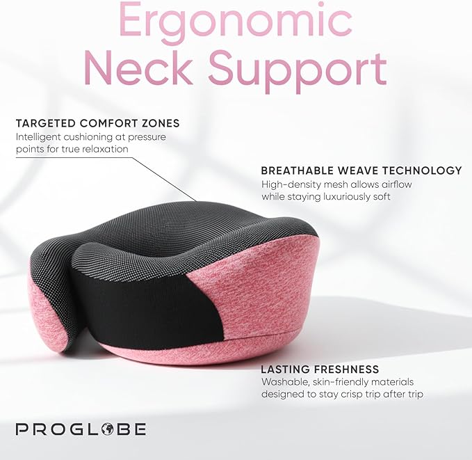 Proglobe Pink Airplane Travel Pillow Set, 100% Pure Memory Foam Neck Pillow, Updated Material, Long Flight Travel Kit with 3D Contoured Eye Masks, Earplugs, and Luxury Bag