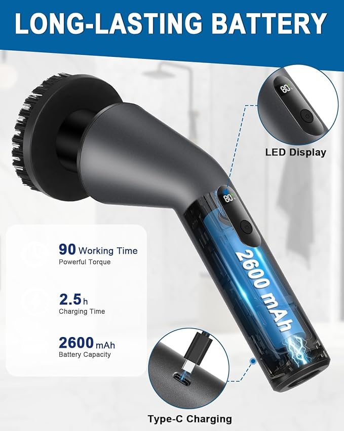 Electric Spin Scrubber -[Upgraded Version] [IPX7 Waterproof] Bathroom Scrubber Electric with 7 Brush Heads, 2 Speed, 400 RPM Power Scrubber with Detachable Long Handle for Bathroom, Home