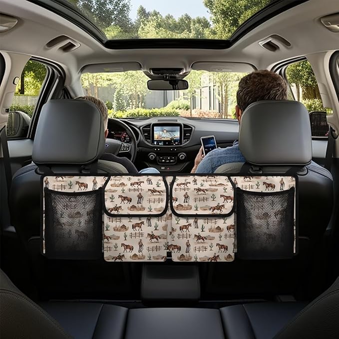 Car Trunk Organizer Hanging Car Organizer Back Seat, Western Cowboy Car Interior Accessories with 2 Pockets & 2 Mesh Pouches for Groceries, Will Provide More Space for SUV, Trucks, Van, Sedan