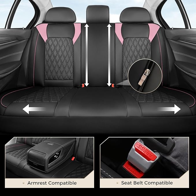 Coverado Seat Covers, Car Seat Covers Full Set, Car Seat Cover, Car Seat Covers Front Seats and Back, Waterproof Car Seat Cushion, Faux Leather Car Seat Protector Universal Fit Most Cars, Black&Pink