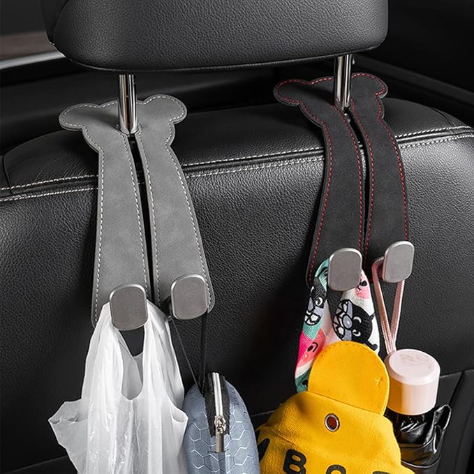 Car Seat Headrest Hook, 2PCS Cute 2 In 1 Vehicle Backseat Hanger Storage Double Hook with Phone Holder, Auto Interior Hanging Organizer Accessories, Universal for SUV Sedan Truck (Brown)