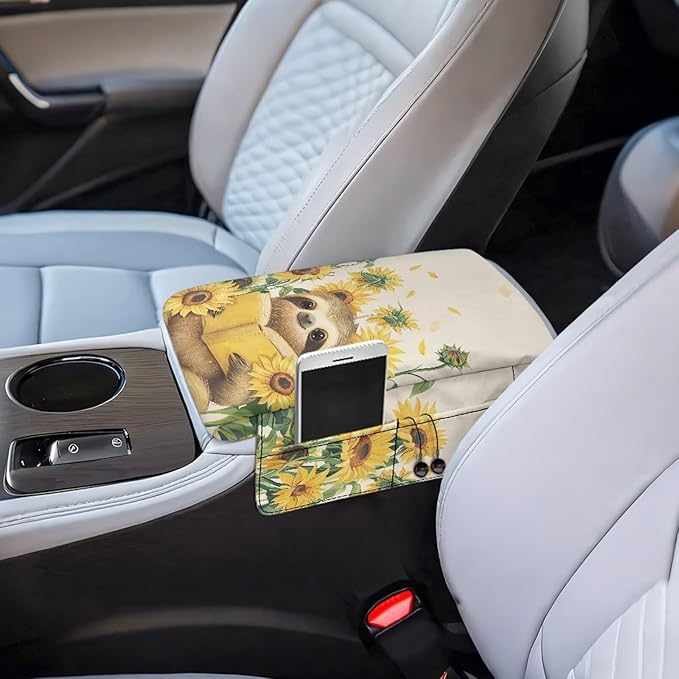 Dreaweet Car Console Covers with Pockets Cute Sunflower Sloth Arm Rest Cover for Car Women Thick Car Armrest Cushion Pad Universal Fit Most Vehicle SUV Trucks Sedan Van