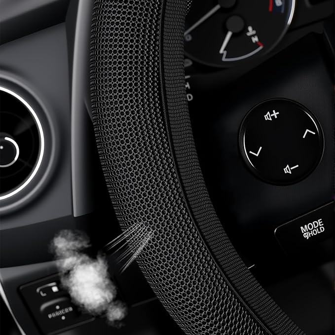 Black Mesh Steering Wheel Cover, Universal 15 inch, Elastic Stretch Microfiber Breathable Ice Silk Cover, Anti-Slip, Odorless, Sweat Absorption, Warm in Winter and Cool in Summer