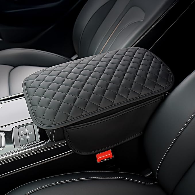 Extended Car Center Console Cover with 2 Storage, Microfiber Leather Car Armrest Cover Cushion For SUV Truck , Universal Car Accessories Memory Foam Comfort Stylish Leather Design (Black longer)