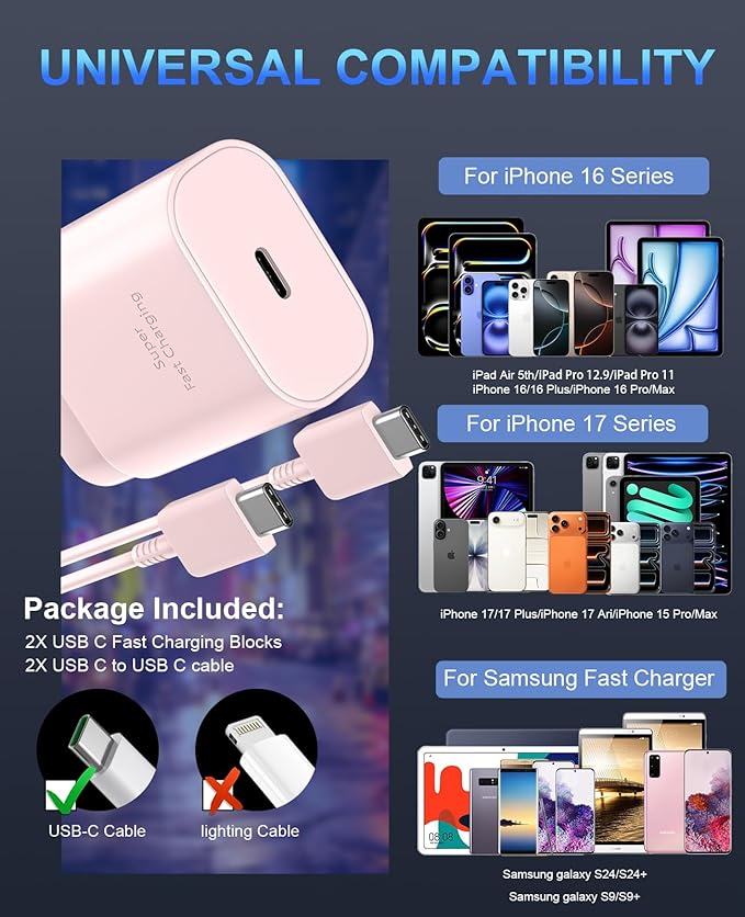 Phone 17 16 15 Charger Fast Charging,30W USB C Phone 17 16 15 Pro Max Charger Block &10FT Long Type C Cable Cord for i.Phone 17/17 Air/17 Pro/17 Pro Max/16/16 Plus/16 Pro/16 Pro Max/15/15 Pro Max,Pink
