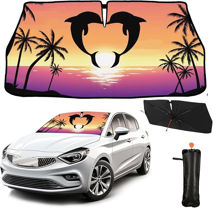 CHILL·TEK Funny Animal Car Windshield Sun Shade Umbrella, Dolphin Love Car Sun Shade Umbrella, Block UV Rays Heat Foldable Windshield Umbrella Sun Visor Protector - Keep Vehicle Cool for Cars SUV