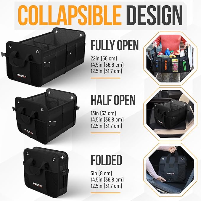 FORTEM Trunk Organizer For SUV Car Organizer and Storage, Collapsible Multi-Compartment Storage Bag Car Accessories for Women Men, 1680D Oxford, Non Slip Bottom, Adjustable Straps, Soft Cover (65L)