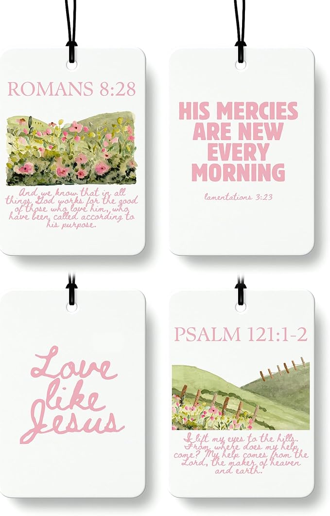 Cute Pink Christian Cologne Car Air Freshener 4 Pcs, Preppy Floral Religious Bible Verse Hanging Air Freshener for Cars Bathroom Dorm Books Decor, Pink Girly Accessories Gifts for Women Girls