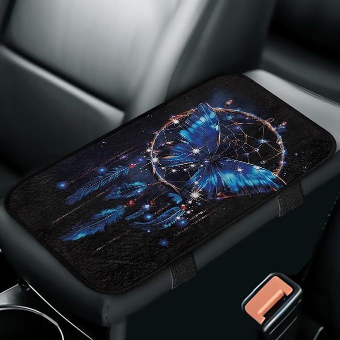 Blue Butterfly Console Cover Armrest Pad Soft Comfortable Car Armrest Cushion Anti-Slip Washable Car Center Console Lid Cover Accessories Fit Sedans,Cars,Vans,SUV,Truck