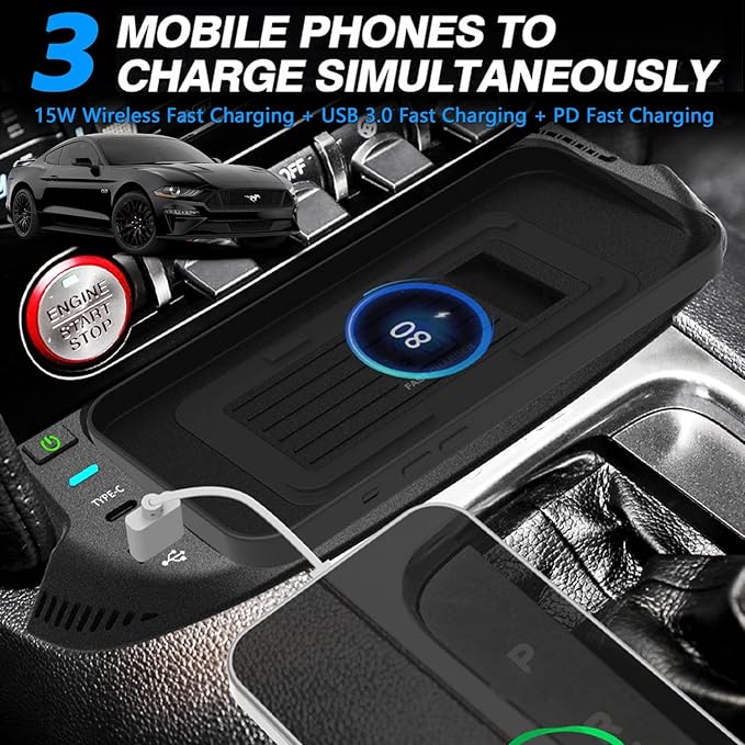 Wireless Car Charger for Ford Mustang 2022 2021 2020 2019 2018 2017 2016 2015, 15W Qi Fast Charging Phone Charger Pad with QC3.0 USB Port for iPhone Galaxy, Gift for Ford Mustang Owners