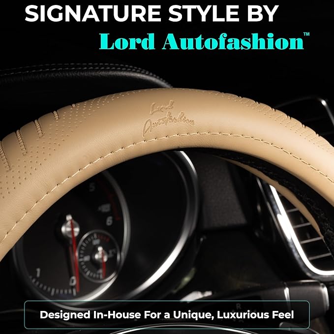 Lord Autofashion Steering Wheel Cover – PU Leather, Non-Slip Rubber Inner, All-Season Comfort – 14.5–15 Inch (Beige 9356)
