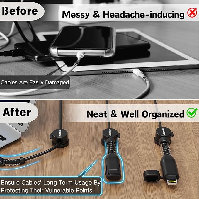 6 Desktop Cord Organizer Magnetic Spring Cable Clips Rotatable Cord Holder 2 Charging Cord Protecors for Nightstand Phone Charger Organizer Computer Desk Cable Management Appliance Adhesive Wire Strap