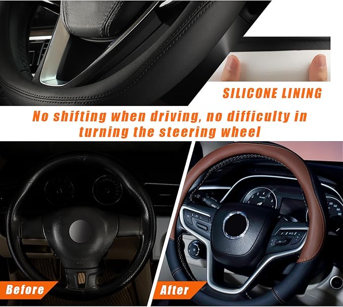 Ziciner Steering Wheel Cover, Soft Leather Premium Durable Elastic Auto Wheel Cover Protector, Stretch Breathable Anti-Slip Lining, Universal 14.5-15 inch Car Interior Accessories (Coffee)
