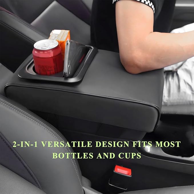 Car Center Console Armrest Pillow, Leather Auto Arm Rest Cover Protector with Cup Holder and Phone Holder, Memory Foam Armrest Cushion for Most Vehicles (Gray, Diamond Pattern)