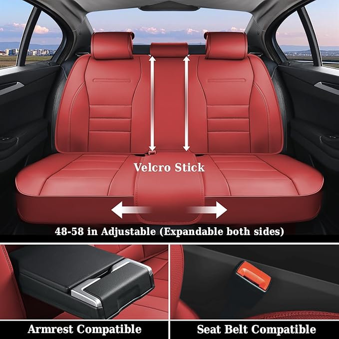 Coverado Car Seat Covers Full Set, Nappa Leather Seat Covers for Cars, Car Seat Protector Car Seat Cushion, Front and Back Seat Protectors Cushions Universal Fit for Most Cars Vehicles(Red)