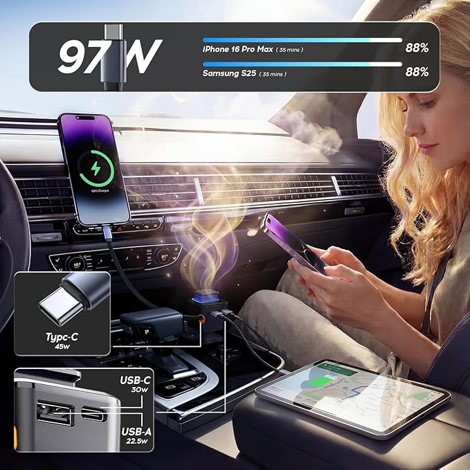 BS-01C 45W Car Charger with Retractable Type-C Cable, 30W USB C & 22.5W USB A Ports, 3-Port Super Fast Charging, Built-in Fragrance Diffuser & Safety Chip (Shop can Purchase Scent Refills)