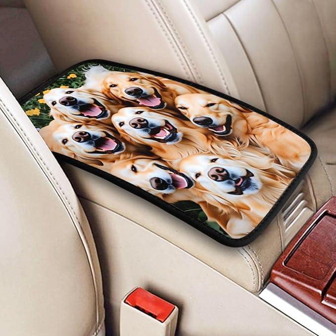 Happy Golden Retriever Dogs Car Handrail Box Cushion Armrest Cover Auto Center Console Pad Car Decor 12.6X7.5 in