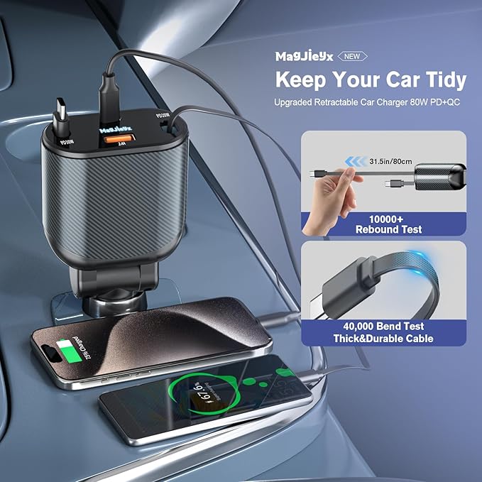 Retractable Car Charger for 4 in 1 Fast Charging Max 80W【2 Type-C Charging Cable】 for iPhone16 15/Galaxy,USB-A/C Port for iPhone16/15/14/13/Pro Max Plus,iPad,AirPods,PD 3.0 Cord