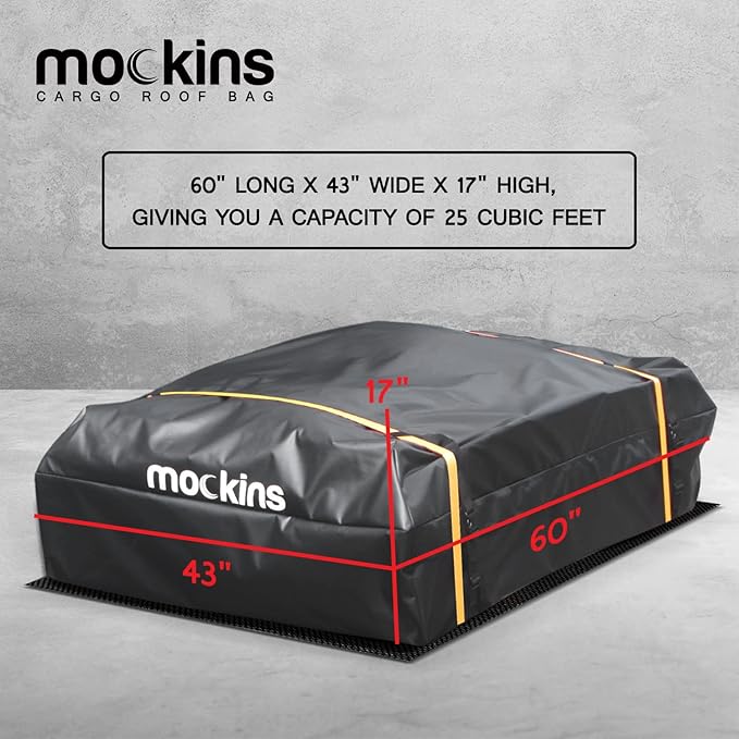 Mockins 25 CuFt Waterproof Rooftop Cargo Bag |60"x43"x17" All-Weather Car Roof Cargo Carrier Bag |Vinyl Car Roof Bag w/Mat, Straps & Door Hooks| Car Top Carrier for Vehicles with or Without Roof Rack