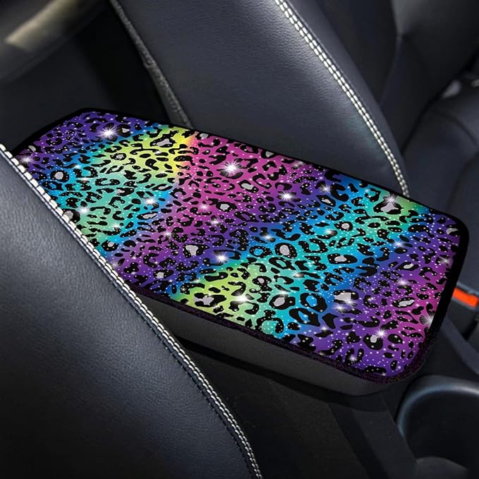 Coldinair Rainbow Glitter Leopard Print Car Center Console Pad Soft Armrest Protector Cover Fit for Most Vehicle,SUV,Truck,Wild Cheetah Car Interior Accessories Decor