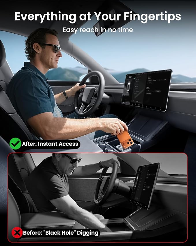 REEVAA Center Console Organizer for Tesla Model Y Juniper 2025-2026 (Premium & Performance), Model 3 Highland 2024-2026 All Trims [Dual-Tier Storage, Seamless Fit], Premium Silicone Liner, 4PCS, Grey