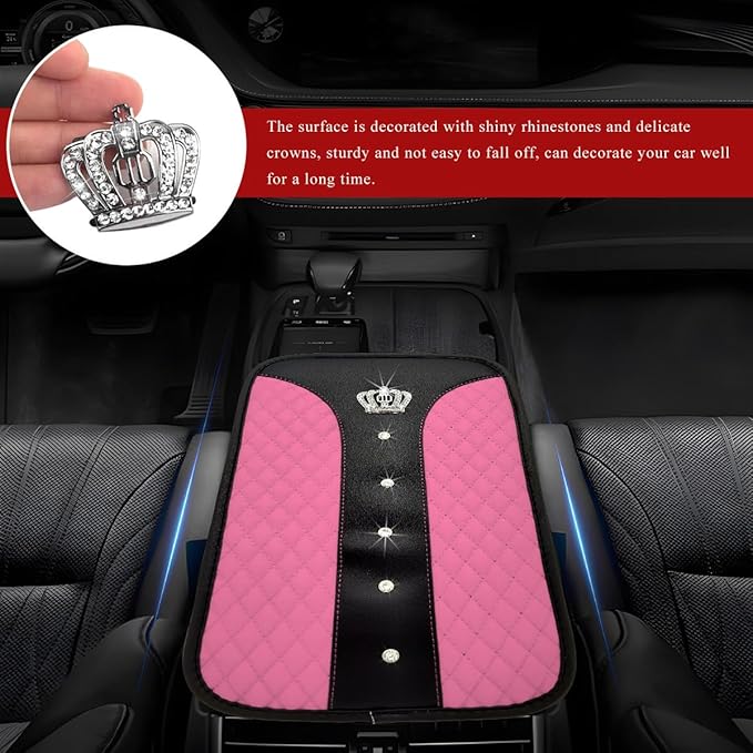 Bling Leather Car Center Console Cover, Anti-Slip Crown Armrest Seat Box Cushion Pad with Rhinestones, Waterproof Crystal Arm Rest Protector Interior Decor for Most Vehicles (Pink)