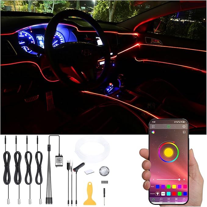 Car Ambient Lighting Kit 64 Colors Multicoloured Music Optic Fiber APP Control Car DIY Decorative Atmosphere Lighting DC 12V 1W 5m