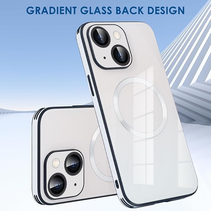 Guppy Compatible with iPhone 15 Case Magnetic, with Full Camera Lens Protector [Compatible with MagSafe] Scratch Resistant Gradient Glass Back Cover Phone Case-White
