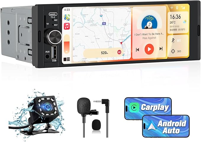 Universal Single Din Car Stereo with Wireless CarPlay & Android Auto, 6.36 Inch IPS Touch Screen Head Unit with Backup Camera/External Microphone, Car Radio Supports Bluetooth/SWC/FM/USB/TF