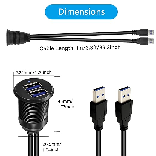 2 Ports Dual USB 3.0 Car Mount Flush Cable with LED Light, Male to Female, Metal Shell, 5Gbps USB Dashboard Panel Mount Waterproof Extension Cord for Car Truck Boat Motorcycle (1M/3.3Ft)