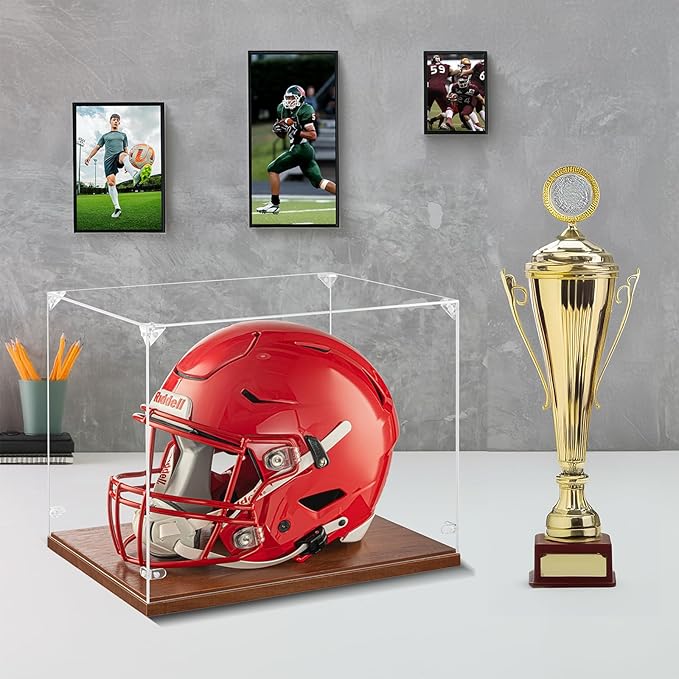 Football Helmet Display Case Full Size, Thickened UV Protection Clear Acrylic Lid Helmet Box, Football Helmet Showcase with Solid Wood Base for Sports Memorabilia