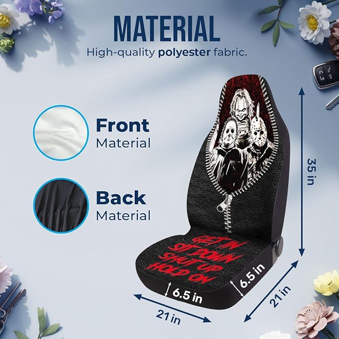 GENANY Horror Movie Car Seat Covers Set of 2, Scary Breathable Front Seat Covers for Truck Sedan SUV, Halloween Car Accessories, Horror Gift for Women Men