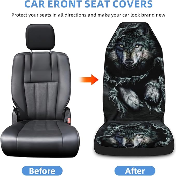 2 Pcs Premium Wolf Car Seat Cover, Breathable & Washable Car Seat Covers Full Sets, Fashionable Printed Seat Covers for Cars Interior, Universal Fit for Most Cars, Sedan, Truck, SUV