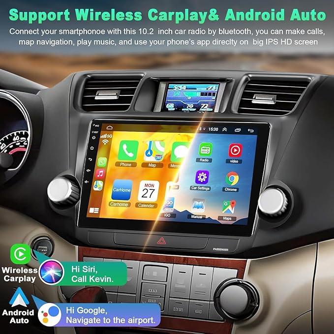 4G+64G Car Radio Stereo for Toyota Highlander 2008-2013, Wireless Carplay&Android Auto with Android 12 Support Bluetooth/Voice Control/GPS/WiFi/Back-up Camera/SWC/FM, 10.2 Inch IPS Touch Screen